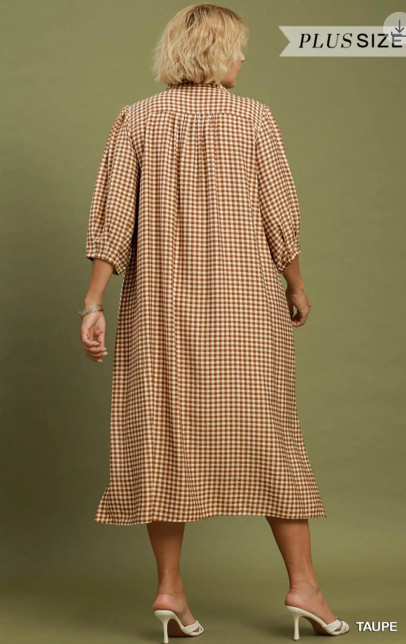 Baylor Taupe Gingham Dress (Curvy Sizes)