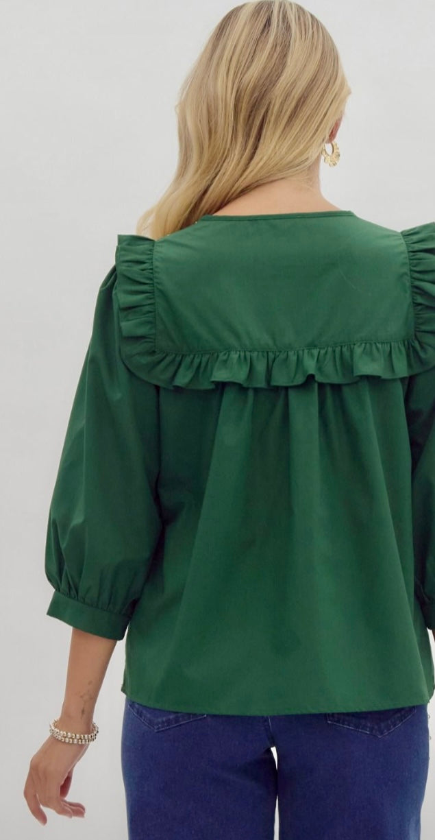 Hunter green V neck with pearl embellishments
