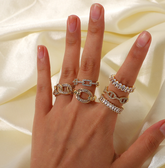 18K Gold Plated Stainless Steel with CZ Adjustable Rings (set of 5)