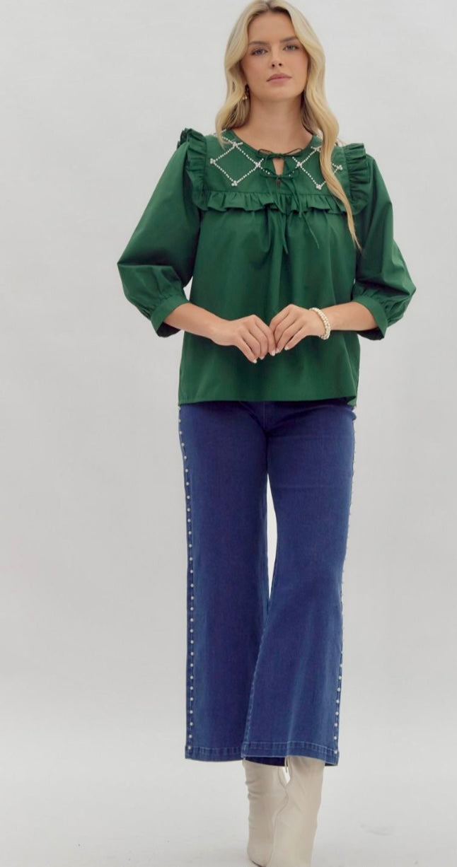 Hunter green V neck with pearl embellishments