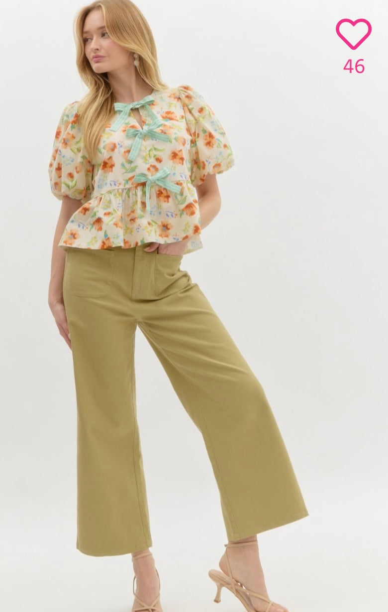 Stylish Light Olive Wide Leg Cropped Pants