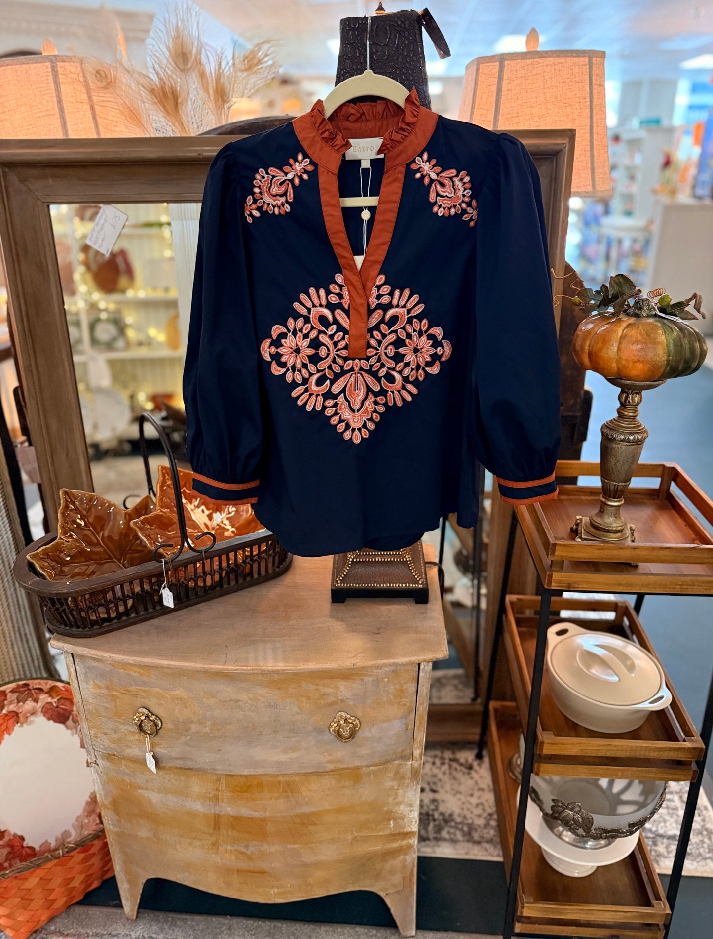 Navy 3/4 sleeve with rust embroidery