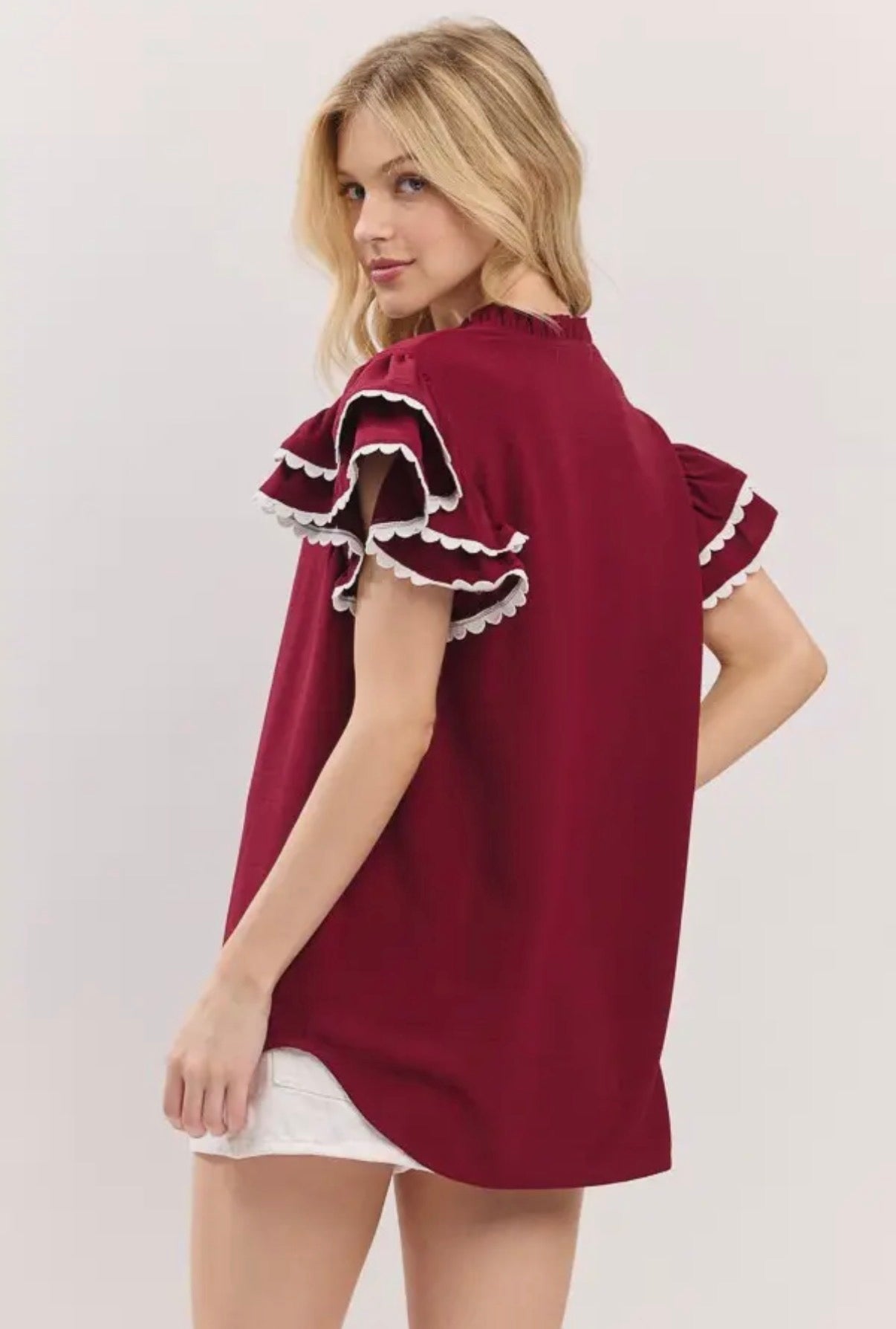 Burgundy and White Ruffle Sleeve Scallop Trim Top