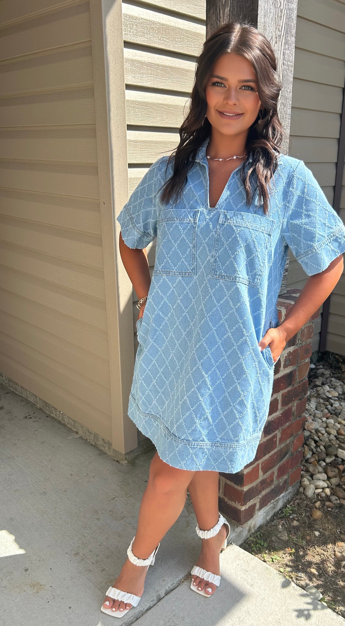 Distressed Diamond Pattern Denim Dress