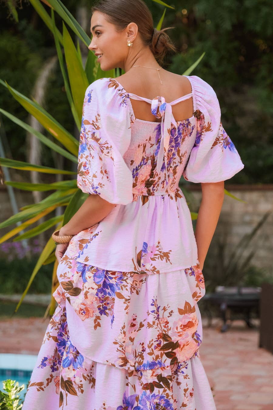 Printed Square Neck Tired Midi Dress