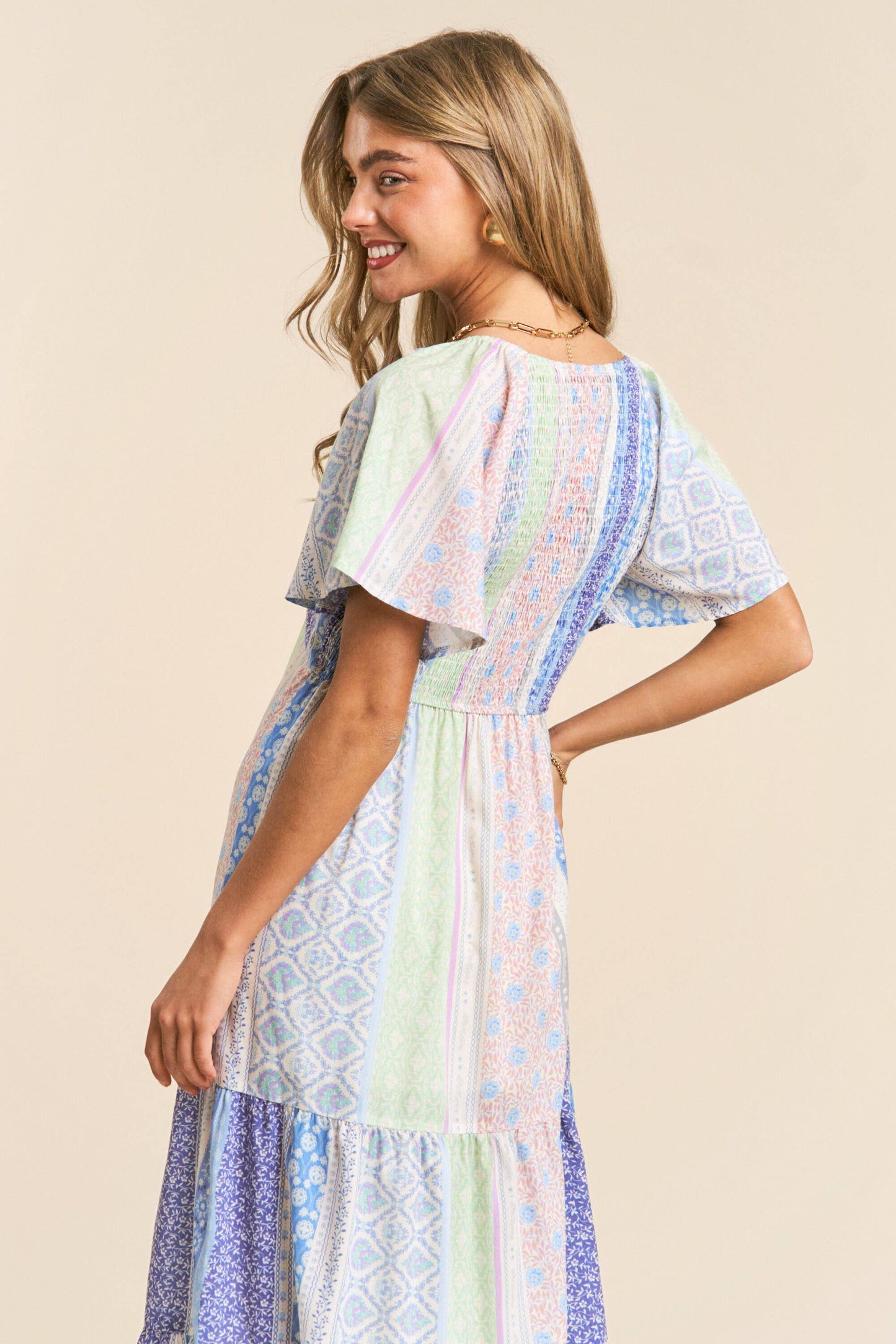 Patch-work V-neck Midi Dress