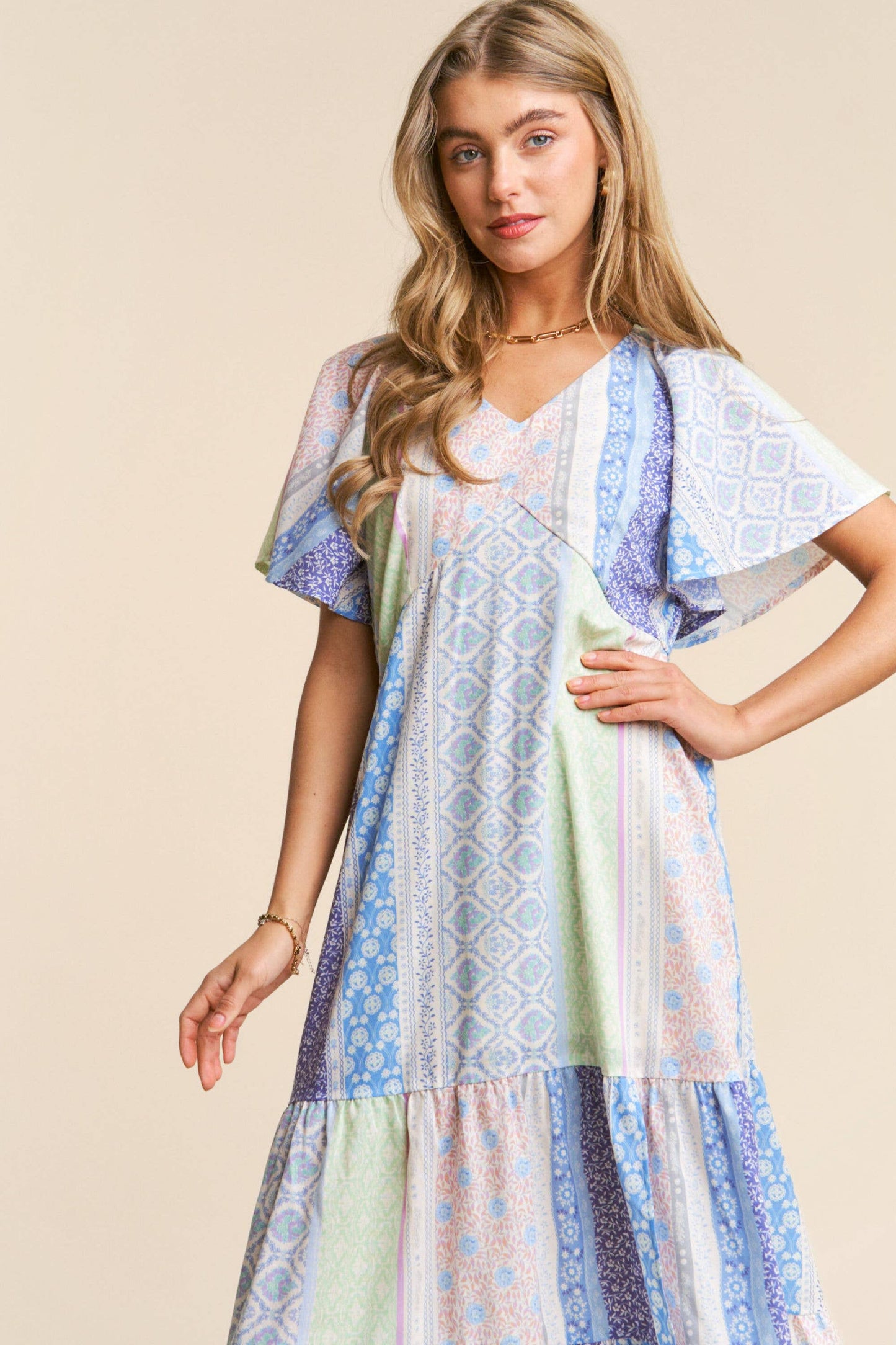 Patch-work V-neck Midi Dress
