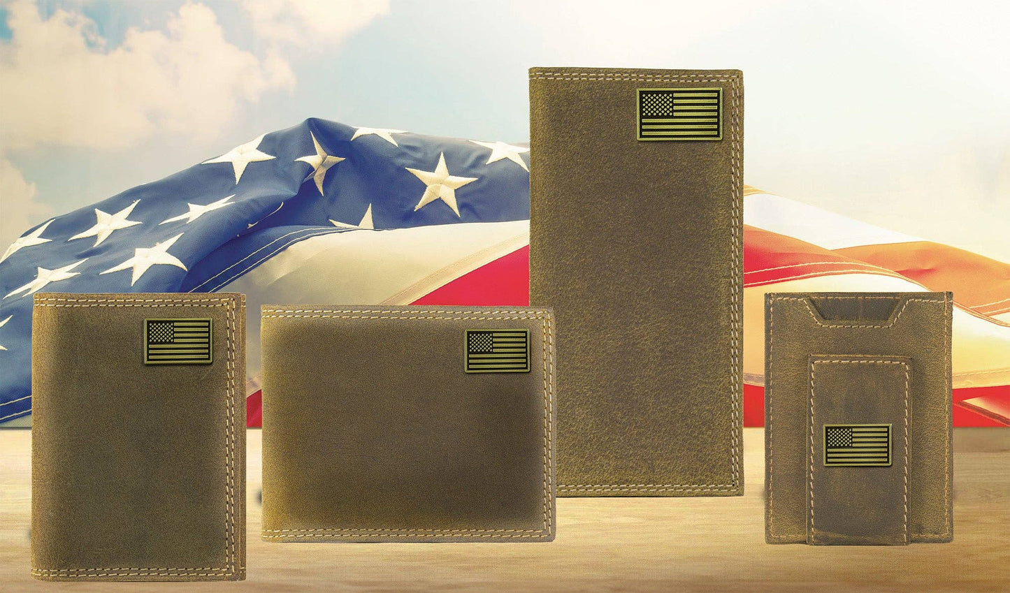 Zep-Pro - American Flag Vintage Tan Leather Magnetic Front Pocket Wallet