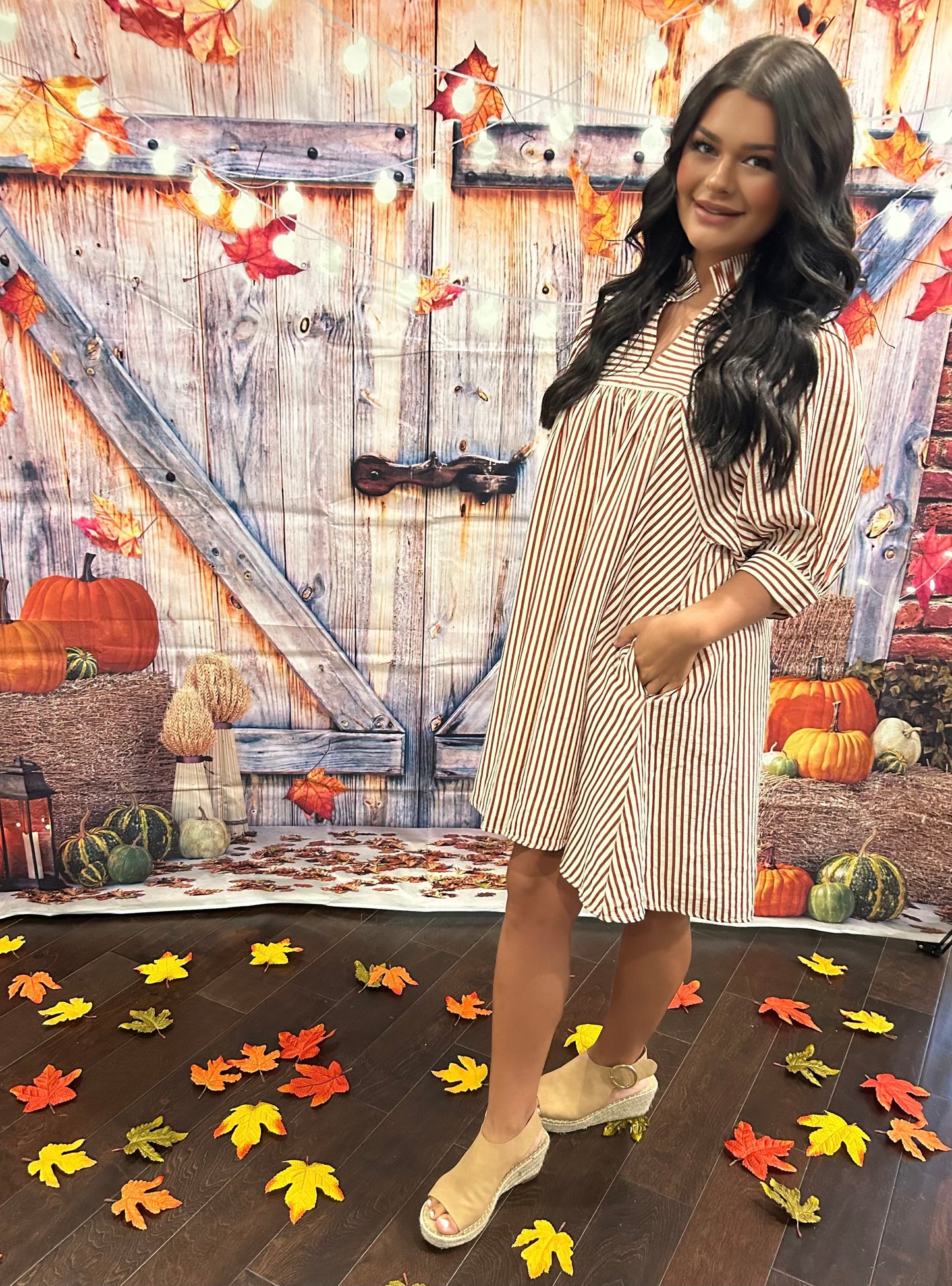 Striped Seersucker V-Neck Dress