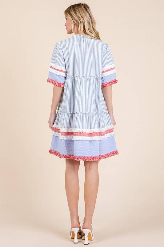 Trim Detail Vertical Striped Short Sleeve Mini Dress