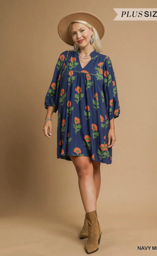 Orange and Navy floral print babydoll dress
