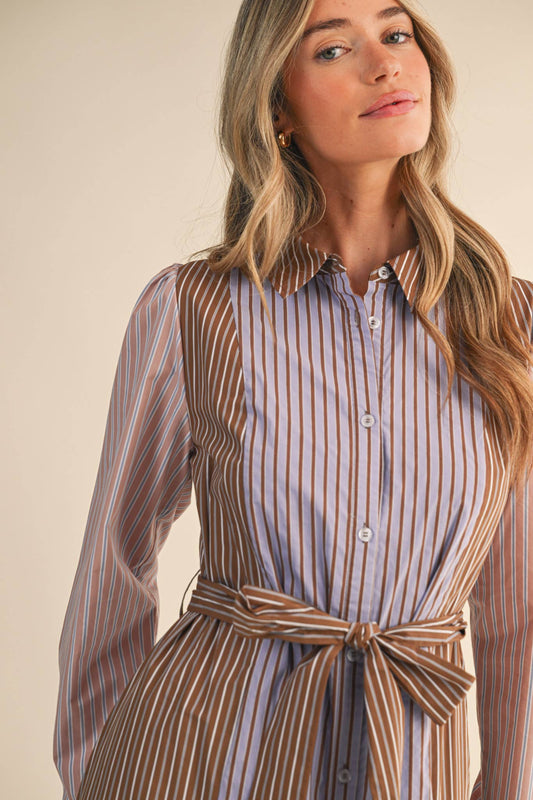 MIXED STRIPE BELTED BUTTON DOWN MIDI DRESS