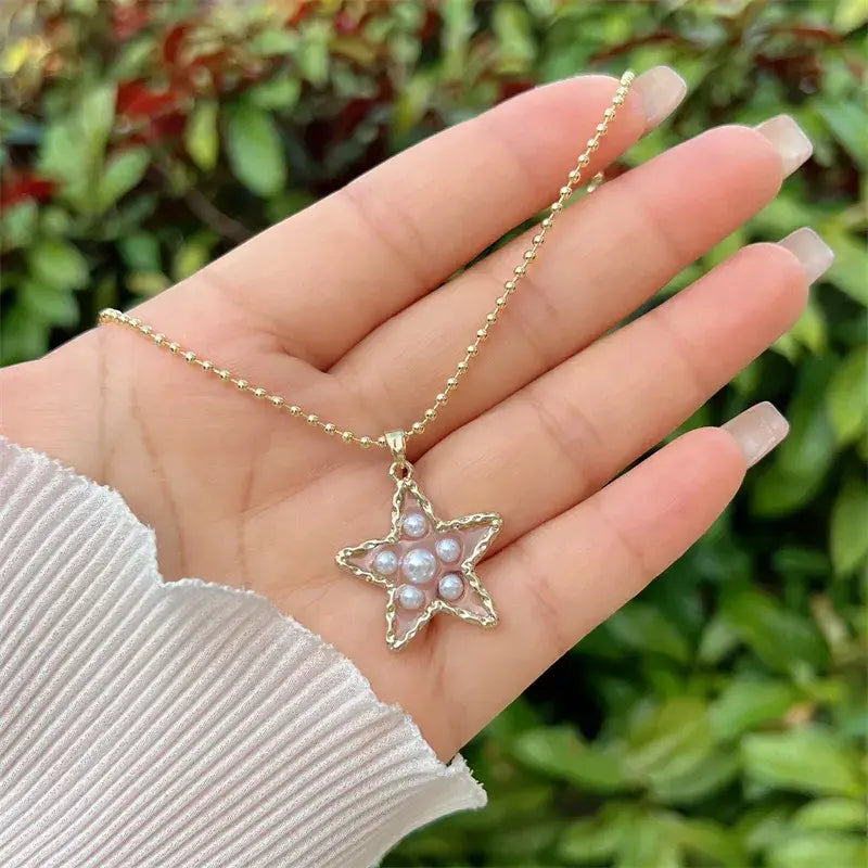 Sweet Cherry Sky - Beaded Necklace with Heart or Star Pendant with Pearls