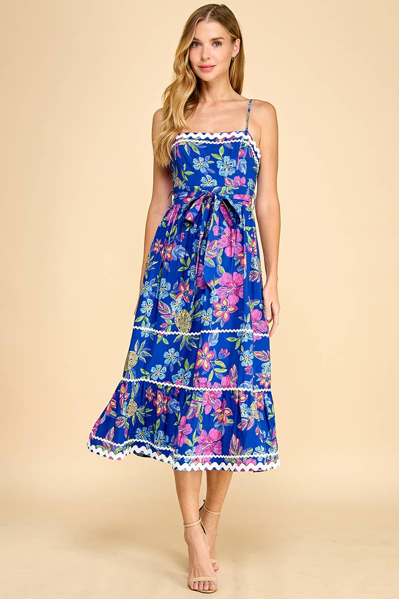 Faux Embroidered Floral Print Ricrac Trim Dress