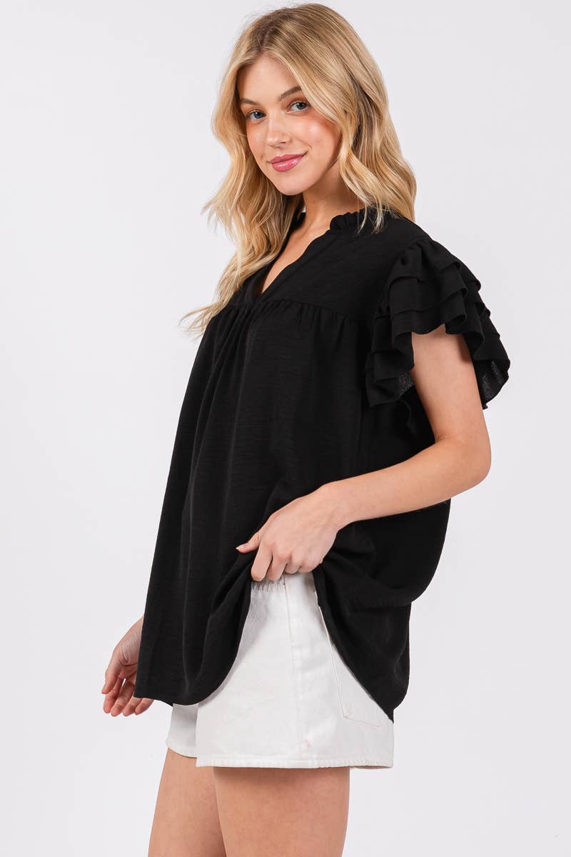 BLACK AIRFLOW RUFFLE SLEEVE BLOUSE