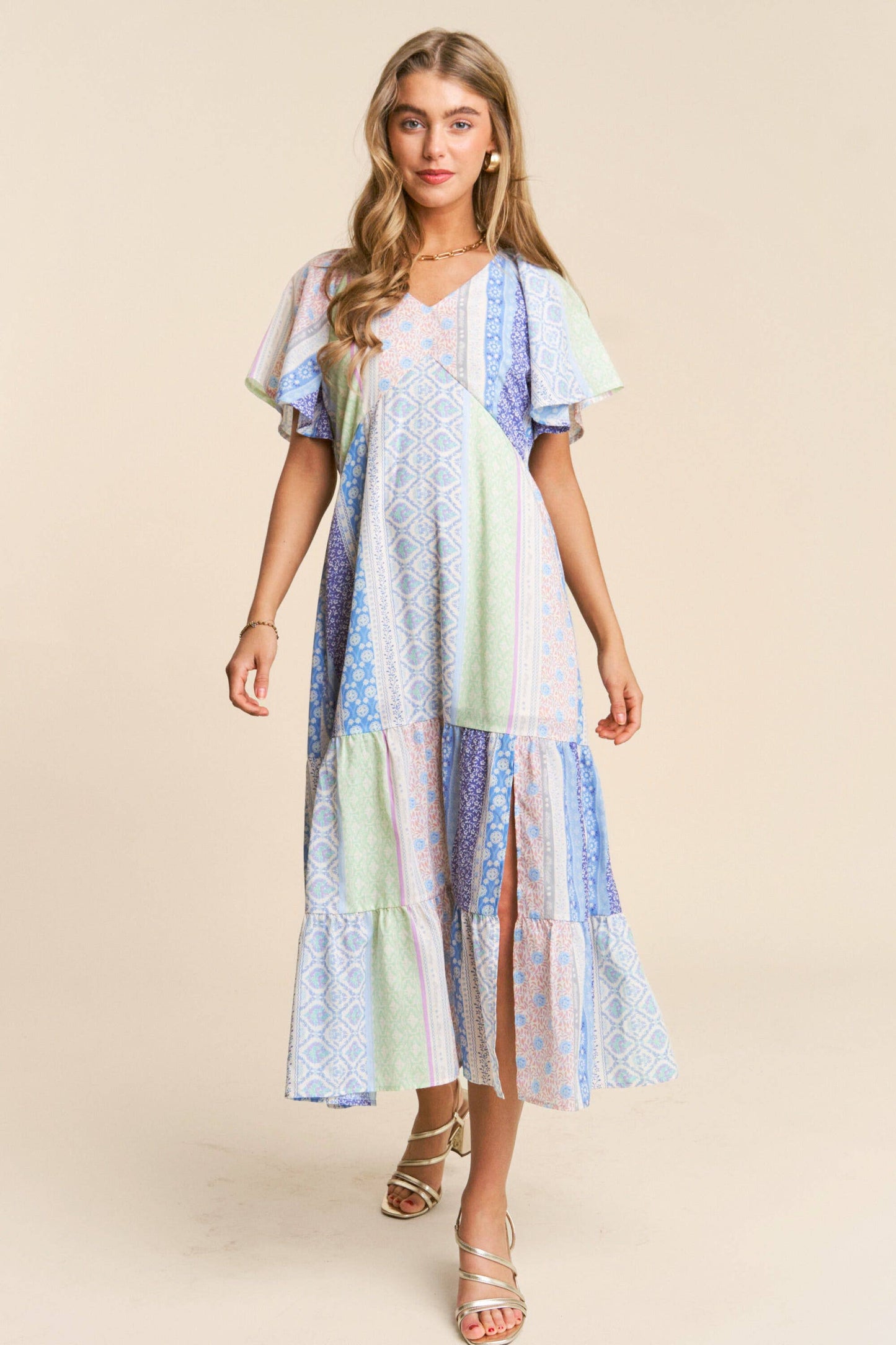 Patch-work V-neck Midi Dress