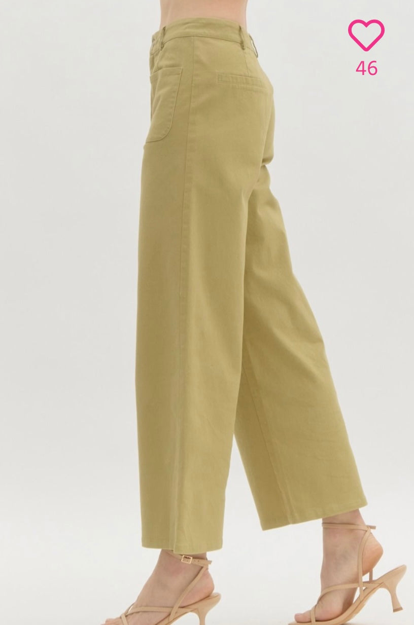 Stylish Light Olive Wide Leg Cropped Pants