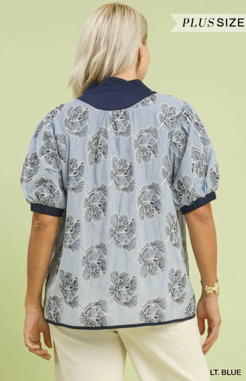 Light blue embroidered shirt with navy collar