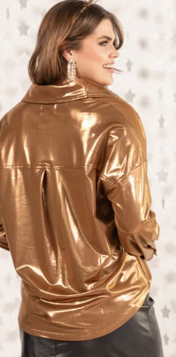 Jean button up metallic top