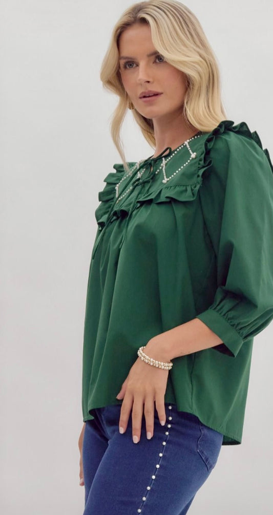 Hunter green V neck with pearl embellishments