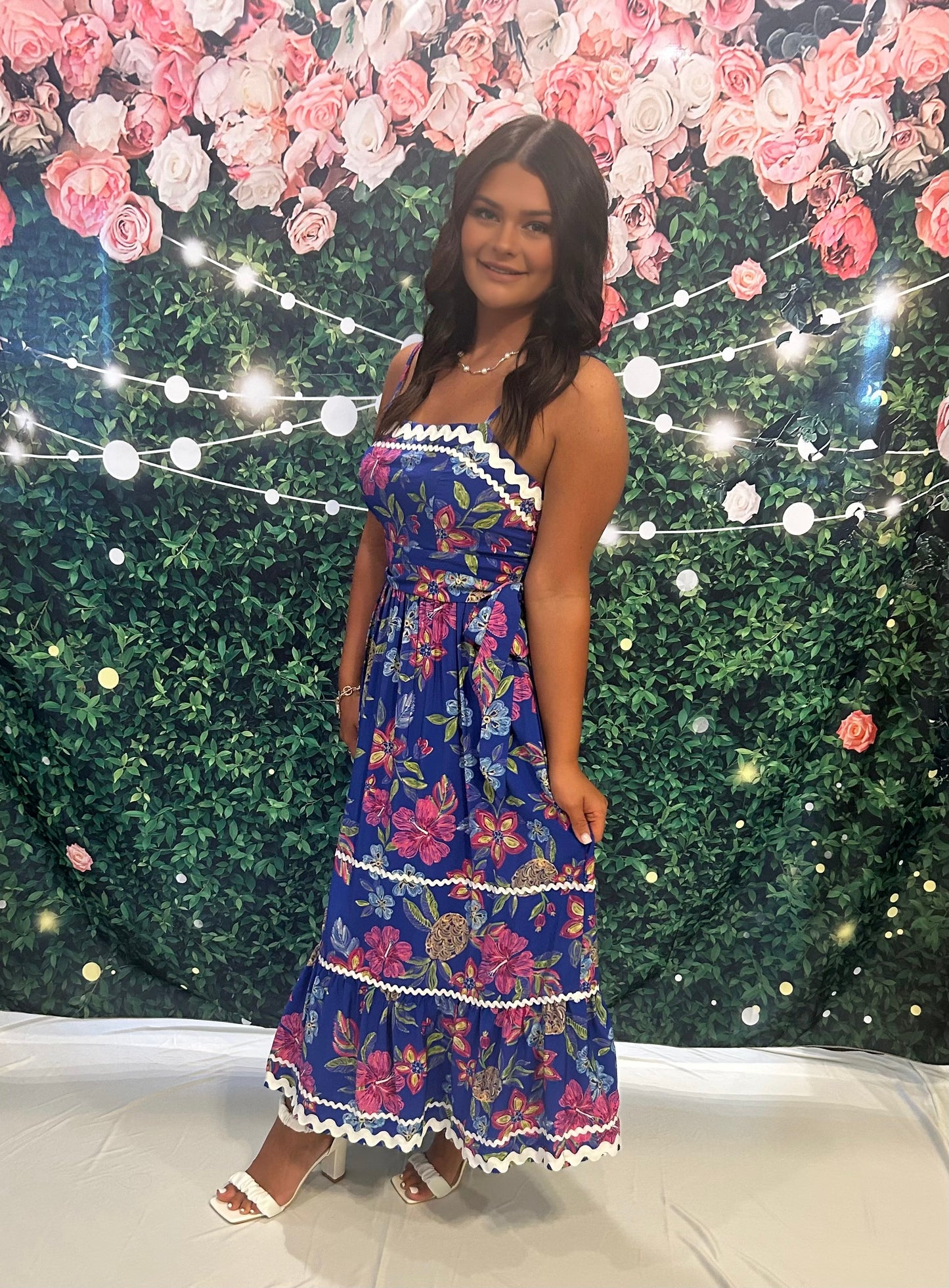Faux Embroidered Floral Print Ricrac Trim Dress