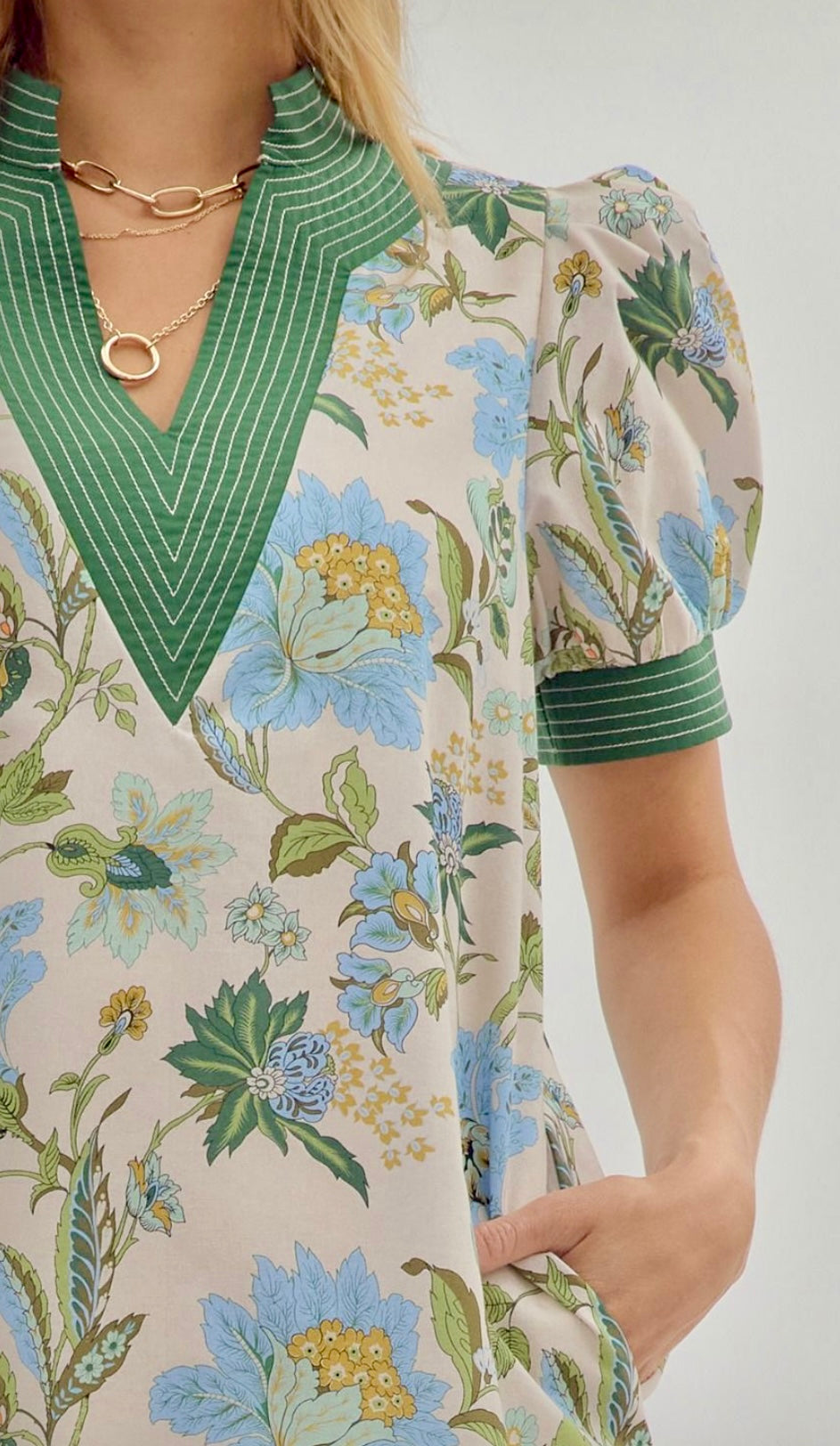 Ecru floral dress with green contrast band