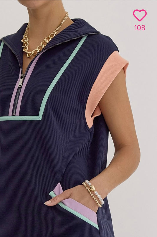 Textured zip up mini dress with pockets