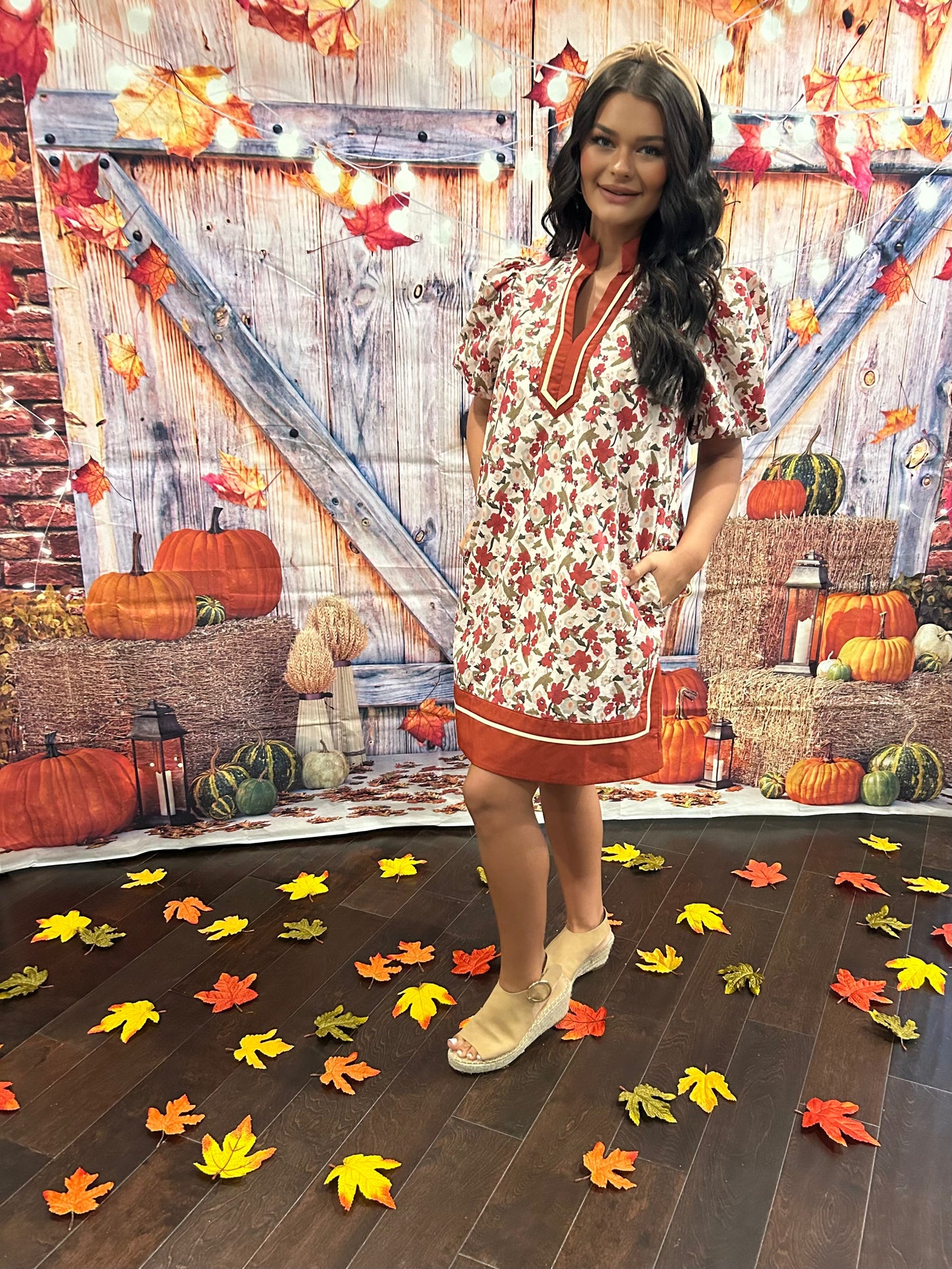 Floral print bubble sleeve dress with pockets