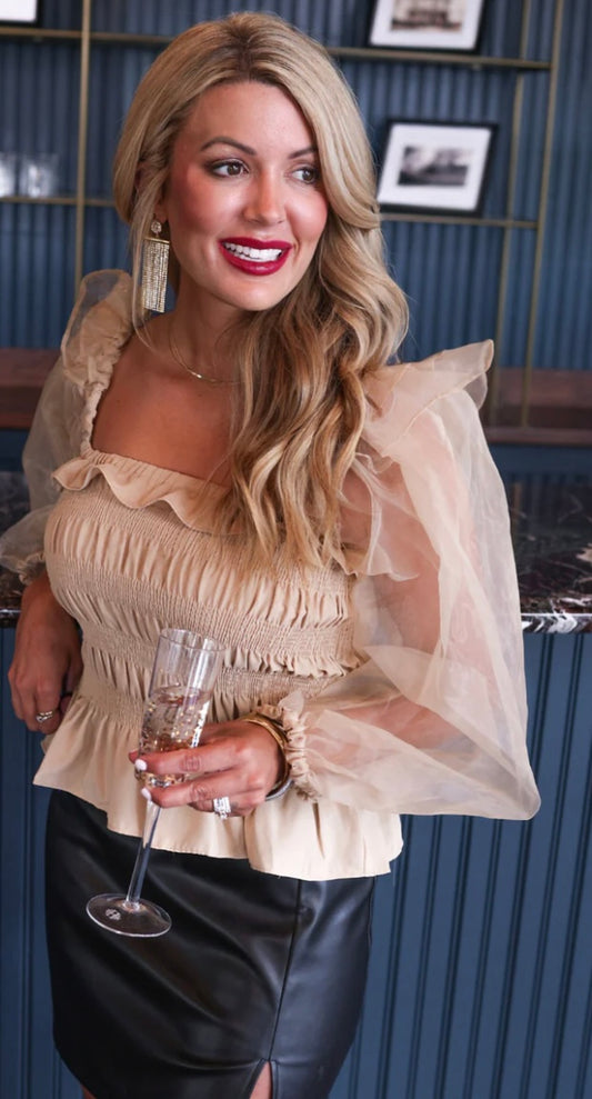 “Delaynie Smocked Top”, Taupe color