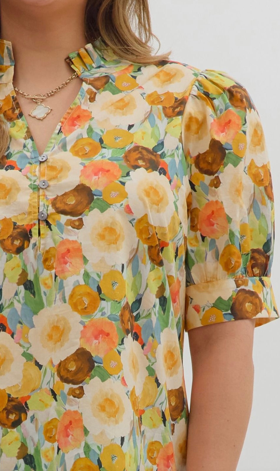Fall Floral Top with Pleated V Neck