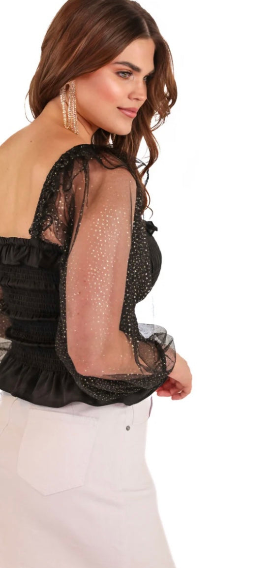 “Delaynie Smocked Top”, black/gold color