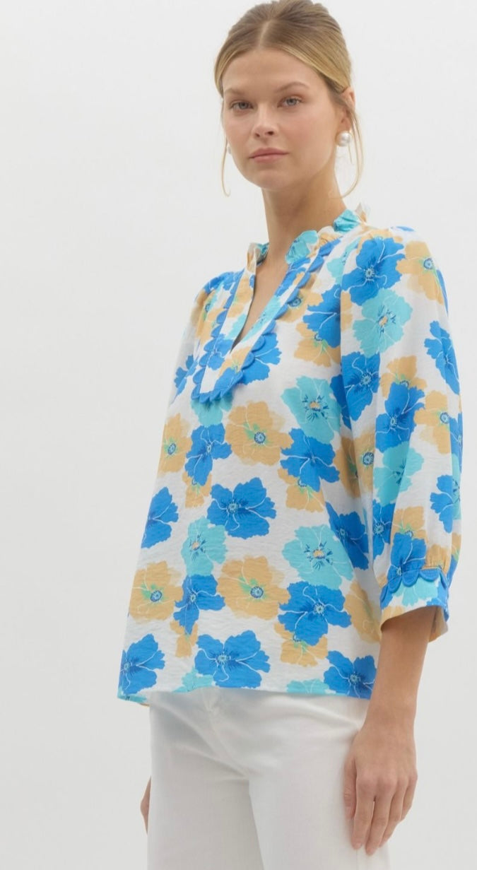 Blue and Yellow Floral Top