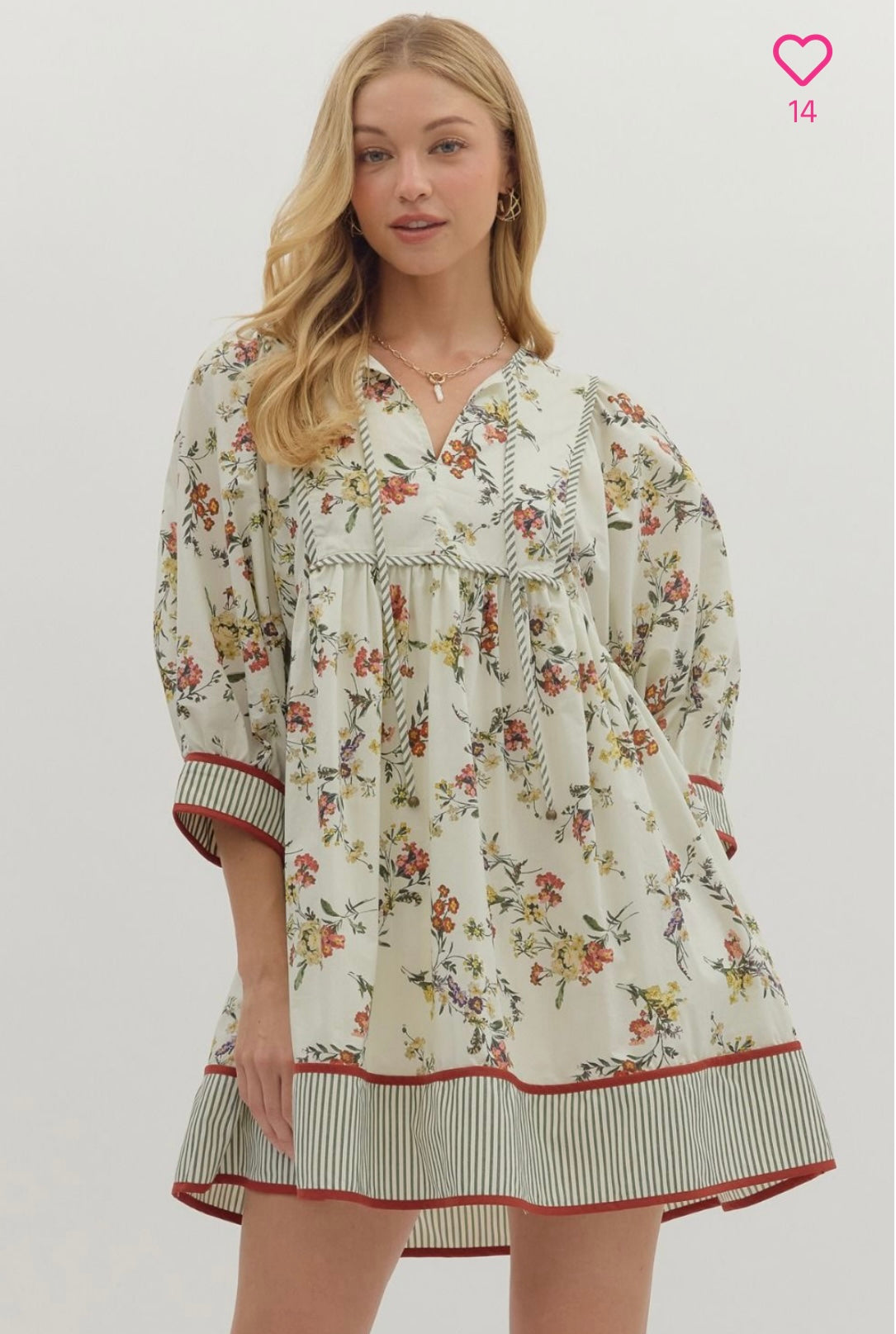 Ecru floral dress with contrast band and hem