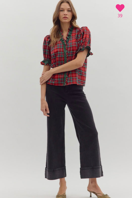 Red plaid shirt with green trim