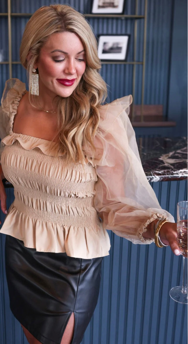 “Delaynie Smocked Top”, Taupe color