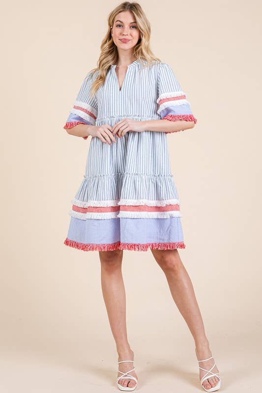 Trim Detail Vertical Striped Short Sleeve Mini Dress