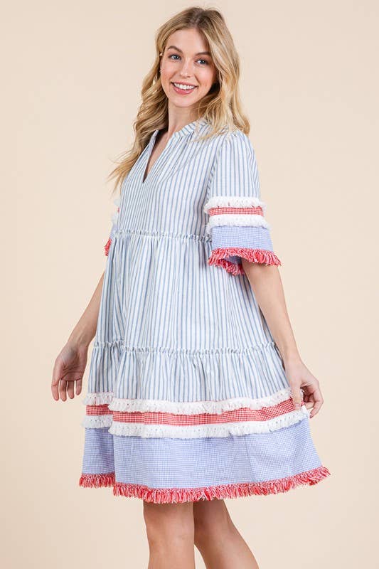 Trim Detail Vertical Striped Short Sleeve Mini Dress