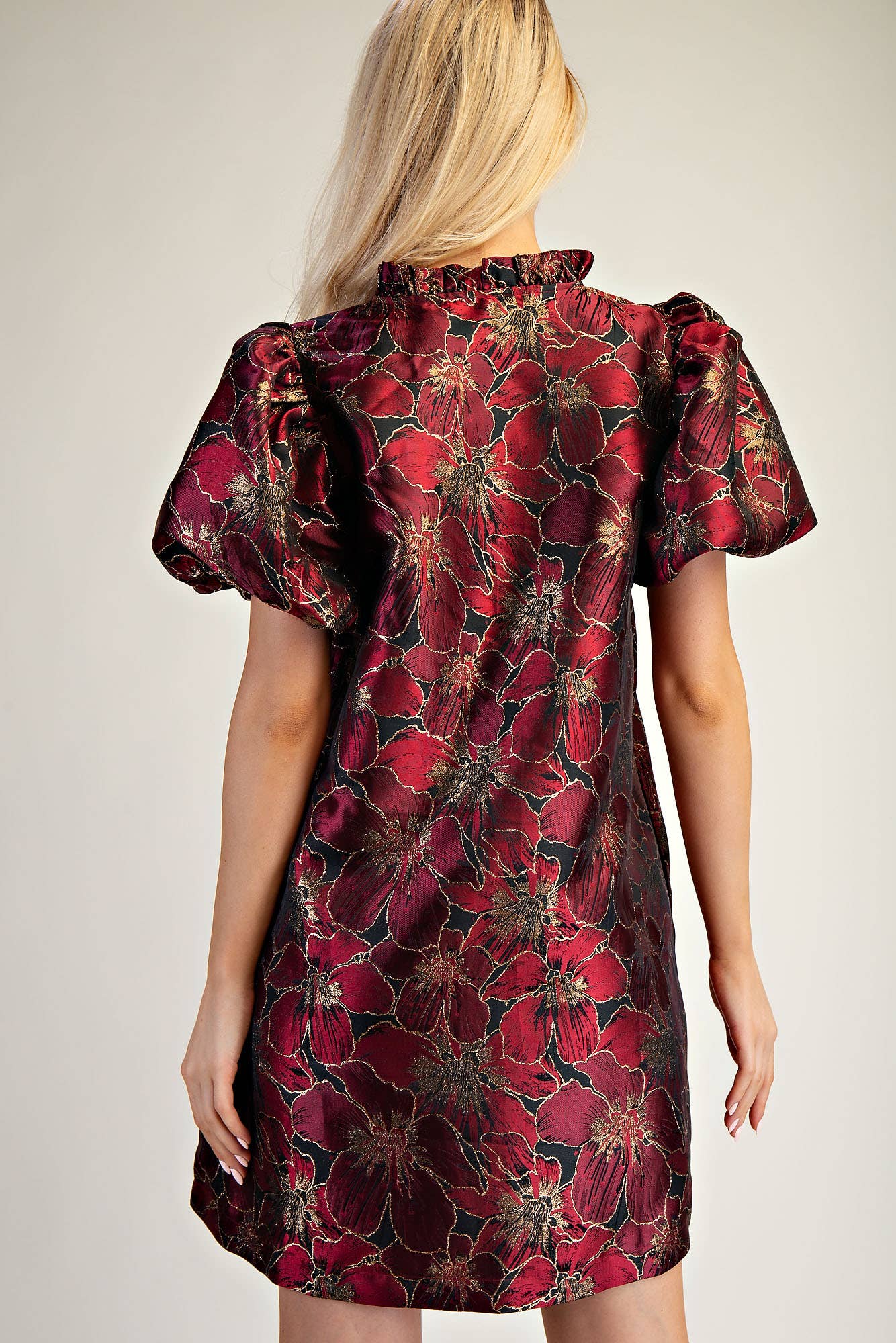 Ruffle V-Neck Puff Sleeve Mini Dress