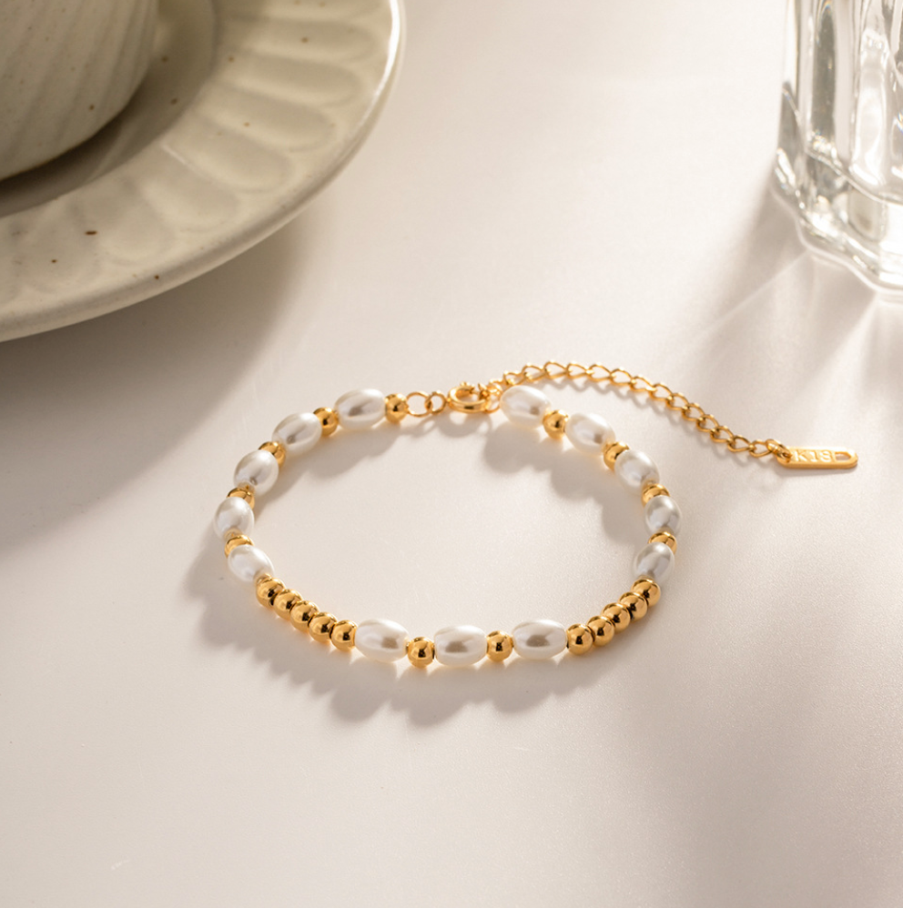 18K Gold Plated Stainless Steel & Faux Pearl Bracelet