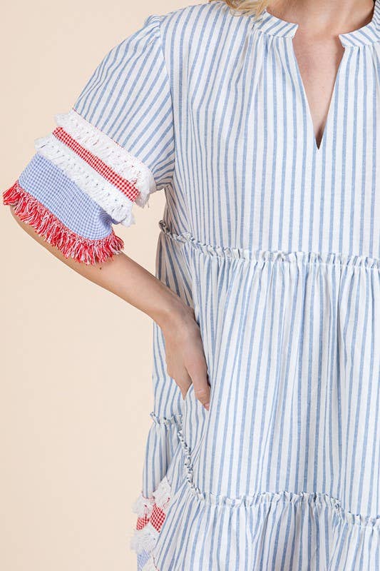 Trim Detail Vertical Striped Short Sleeve Mini Dress