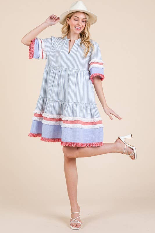 Trim Detail Vertical Striped Short Sleeve Mini Dress