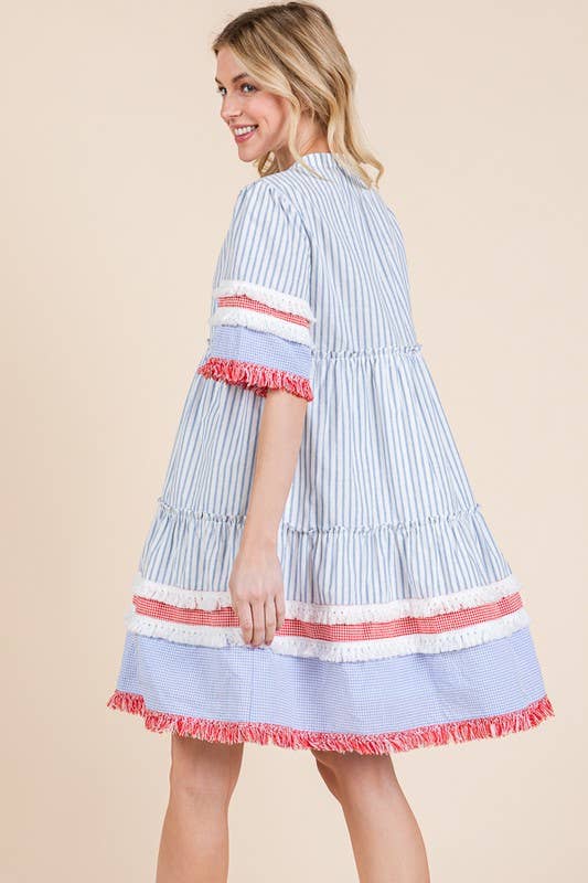 Trim Detail Vertical Striped Short Sleeve Mini Dress