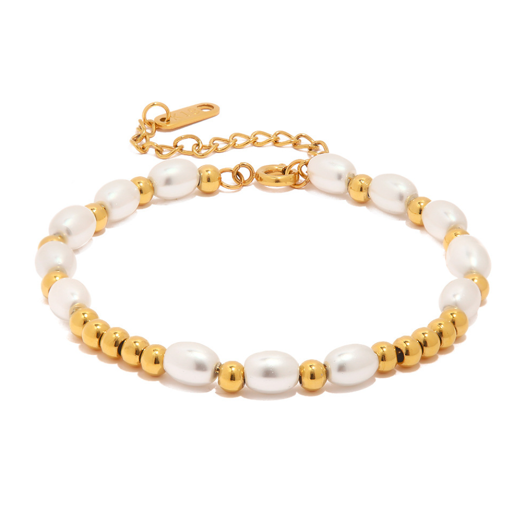 18K Gold Plated Stainless Steel & Faux Pearl Bracelet