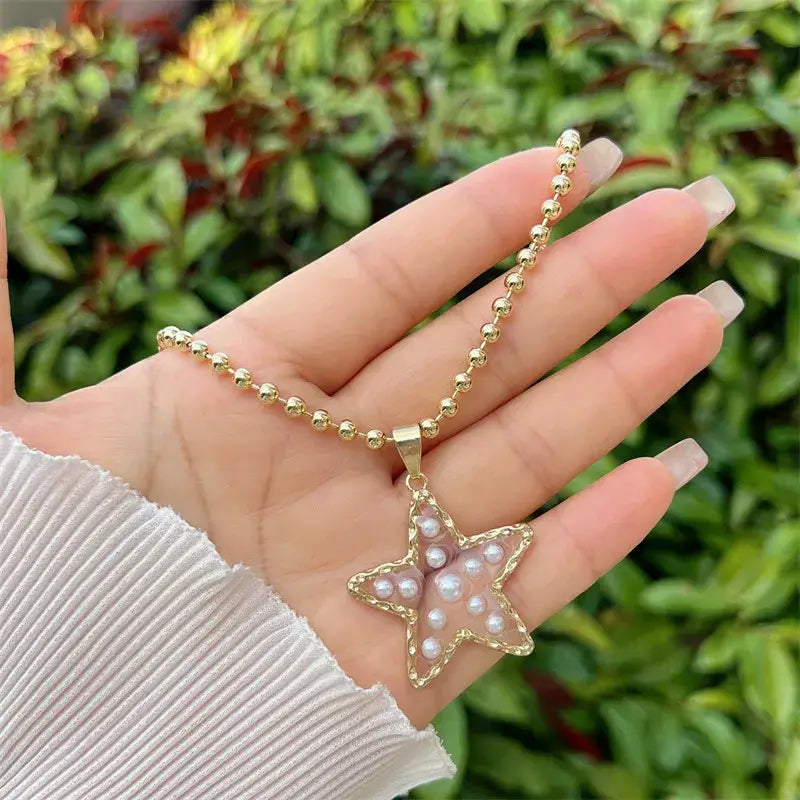 Sweet Cherry Sky - Beaded Necklace with Heart or Star Pendant with Pearls