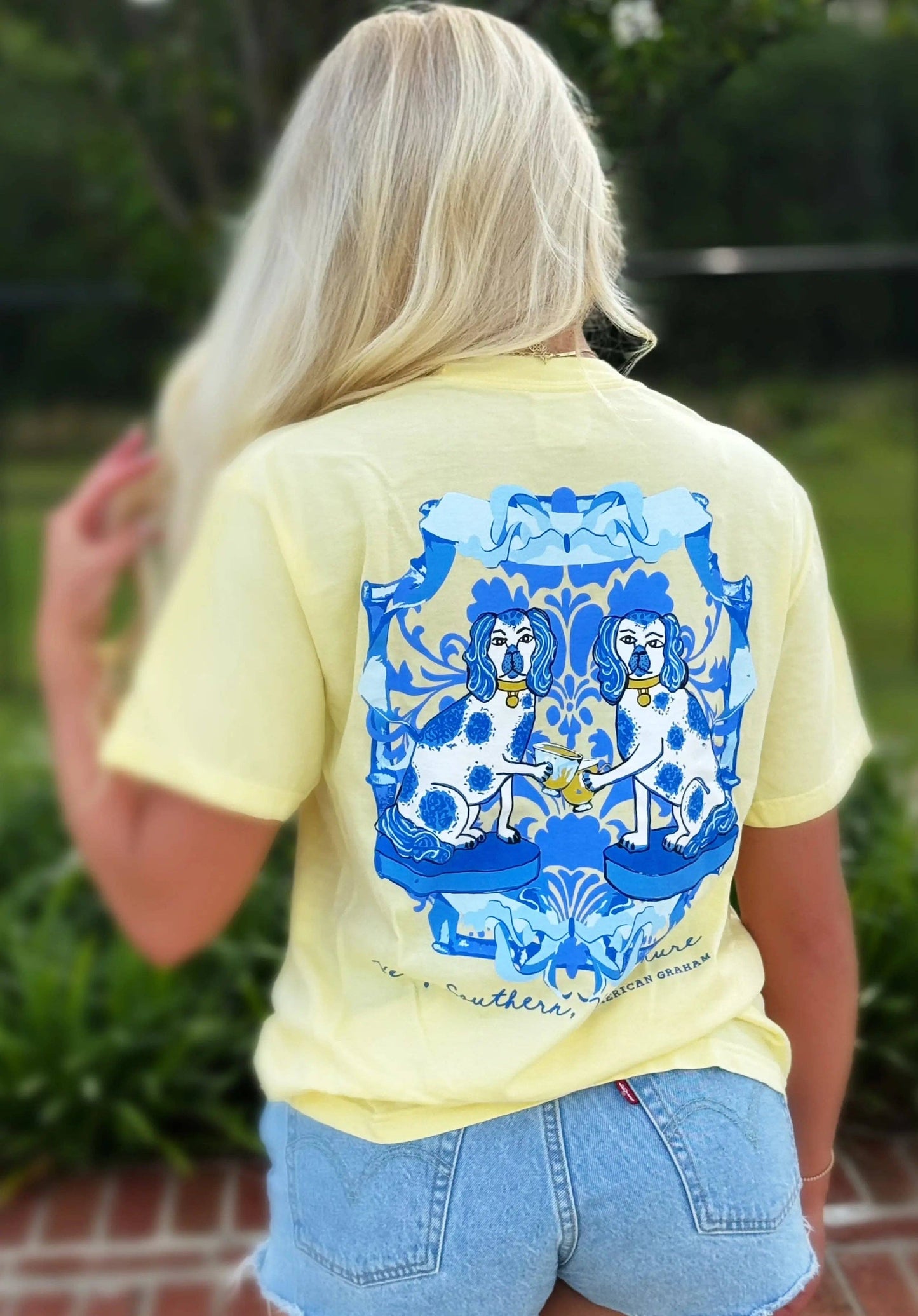 Demure Dogs, Spring Chinoiserie Blue & White Artisan Graphic Tee