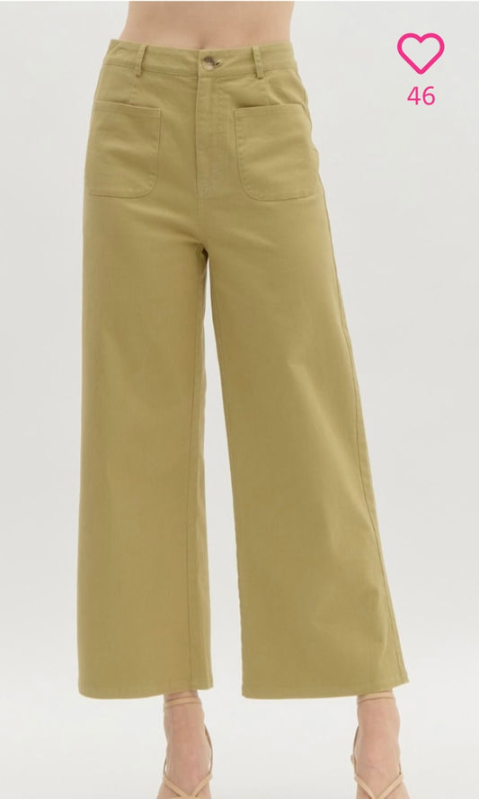 Stylish Light Olive Wide Leg Cropped Pants