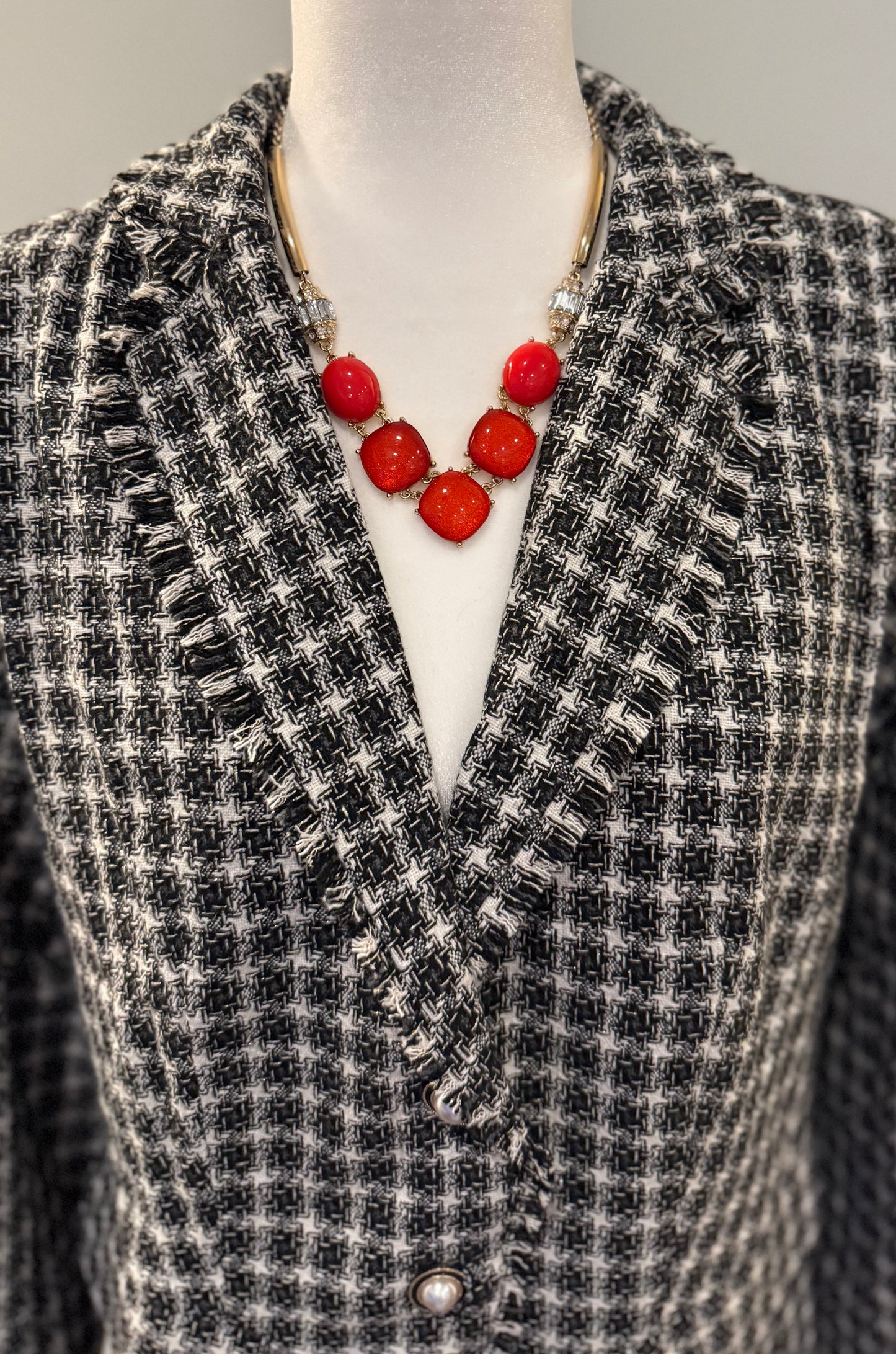 Plaid tweed blazer with pearl buttons