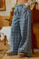 FRAYED DETAIL PLAID WIDE LEG JEANS WITH DUAL POCKETS