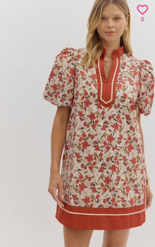 Floral print bubble sleeve dress with pockets