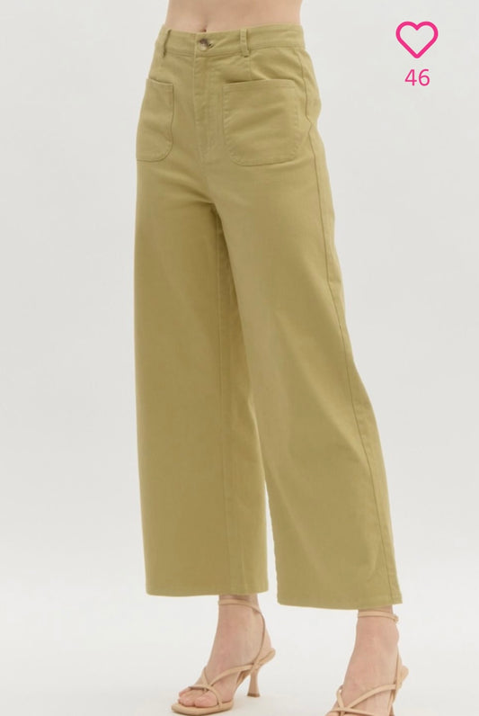 Stylish Light Olive Wide Leg Cropped Pants